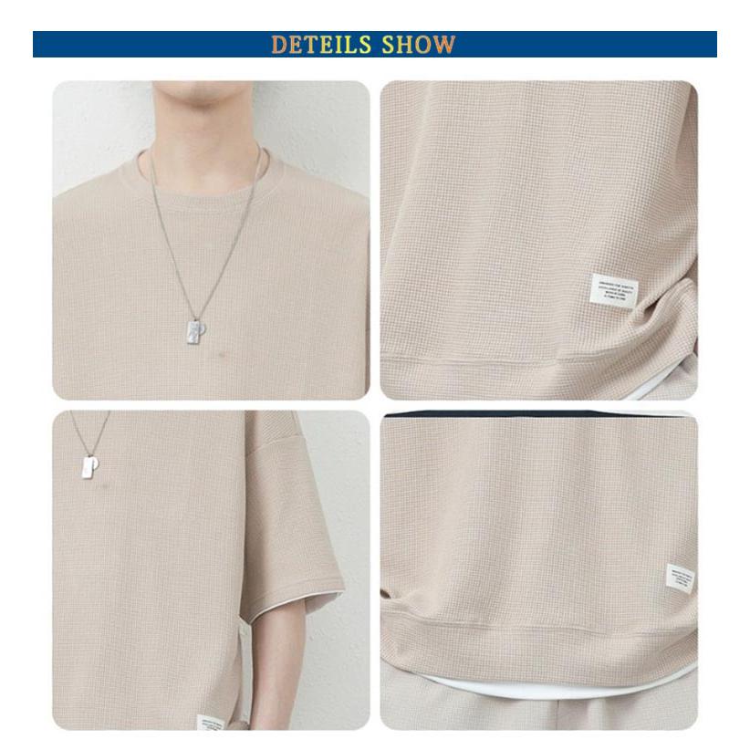 ワッフル生地 セットアップ メンズ 夏 ジャージ スウェット 上下セット 半袖 Tシャツ ハーフパンツ 2点セット シンプル 短パン 部屋着 普段着 |  | 14