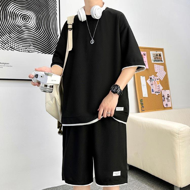 ワッフル生地 セットアップ メンズ 夏 ジャージ スウェット 上下セット 半袖 Tシャツ ハーフパンツ 2点セット シンプル 短パン 部屋着 普段着 |  | 01
