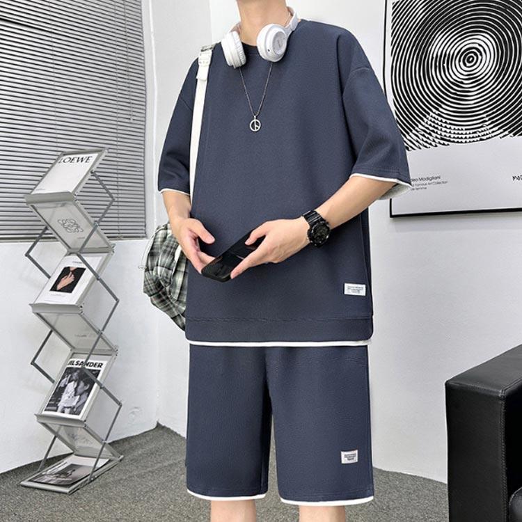 ワッフル生地 セットアップ メンズ 夏 ジャージ スウェット 上下セット 半袖 Tシャツ ハーフパンツ 2点セット シンプル 短パン 部屋着 普段着 |  | 02