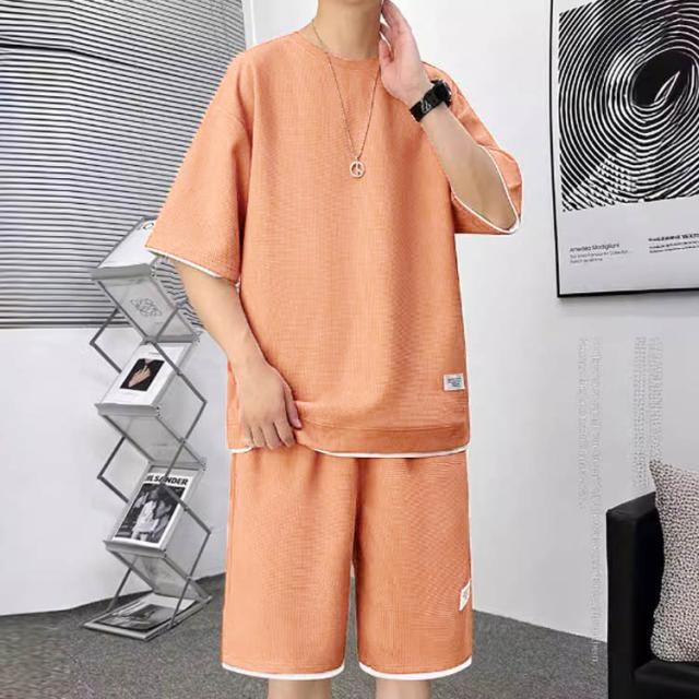 ワッフル生地 セットアップ メンズ 夏 ジャージ スウェット 上下セット 半袖 Tシャツ ハーフパンツ 2点セット シンプル 短パン 部屋着 普段着 |  | 03