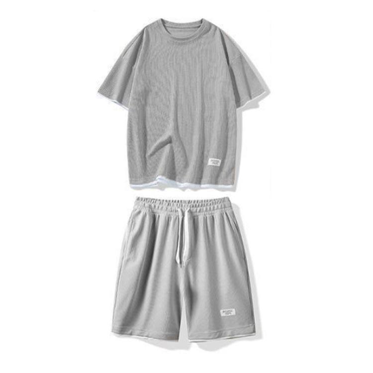 ワッフル生地 セットアップ メンズ 夏 ジャージ スウェット 上下セット 半袖 Tシャツ ハーフパンツ 2点セット シンプル 短パン 部屋着 普段着 |  | 04