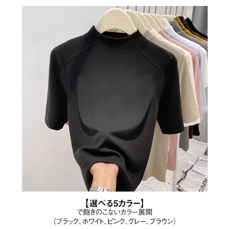 レディース 綿 Tシャツ プチハイネック 半袖tシャツ コットン カットソー  夏用 トップス スリム 無地Tシャツ 夏服 細見え 5色展開 シンプル |  | 10