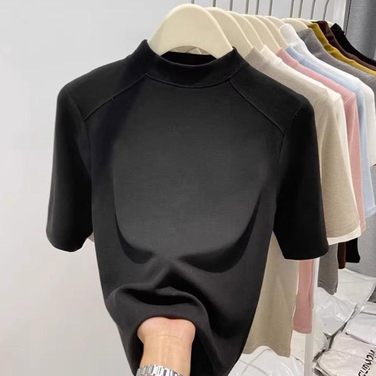 レディース 綿 Tシャツ プチハイネック 半袖tシャツ コットン カットソー  夏用 トップス スリム 無地Tシャツ 夏服 細見え 5色展開 シンプル |  | 02