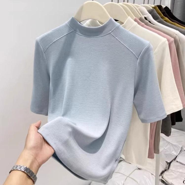 レディース 綿 Tシャツ プチハイネック 半袖tシャツ コットン カットソー  夏用 トップス スリム 無地Tシャツ 夏服 細見え 5色展開 シンプル |  | 04