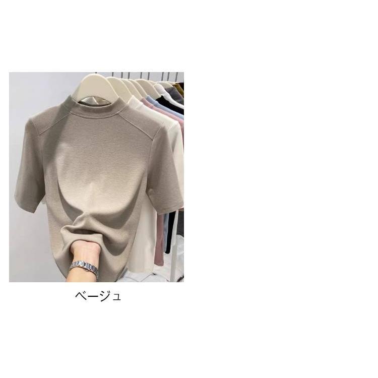 レディース 綿 Tシャツ プチハイネック 半袖tシャツ コットン カットソー  夏用 トップス スリム 無地Tシャツ 夏服 細見え 5色展開 シンプル |  | 07