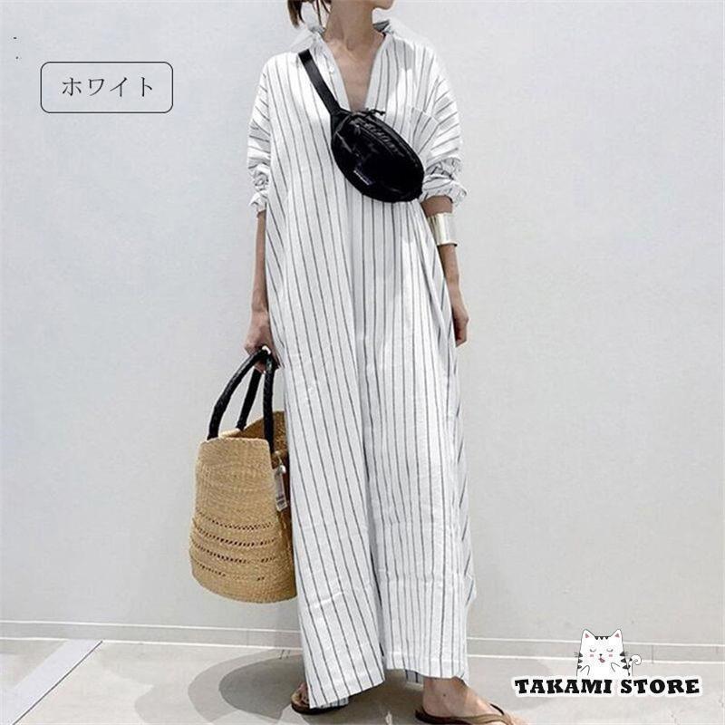 マキシワンピース レディース ロングワンピース 長袖 シャツワンピ 大きいサイズ チュニック ロング丈 ストライプ柄 体型カバー ゆったり | ブランド登録なし | 06