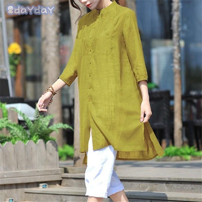 綿麻混ワンピース レディース 40代 夏 春 ス ロングシャツ チュニック ゆったり シャツワンピース 7分袖 リネンシャツ 大きいサイズ スリット | ブランド登録なし | 13