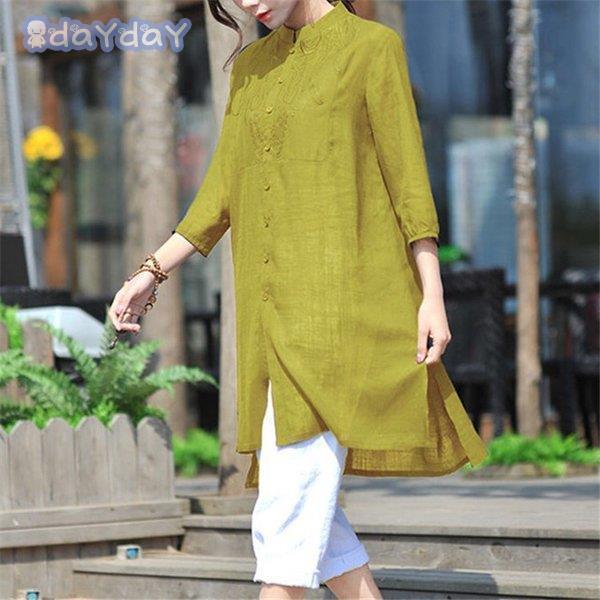 綿麻混ワンピース レディース 40代 夏 春 ス ロングシャツ チュニック ゆったり シャツワンピース 7分袖 リネンシャツ 大きいサイズ スリット | ブランド登録なし | 02