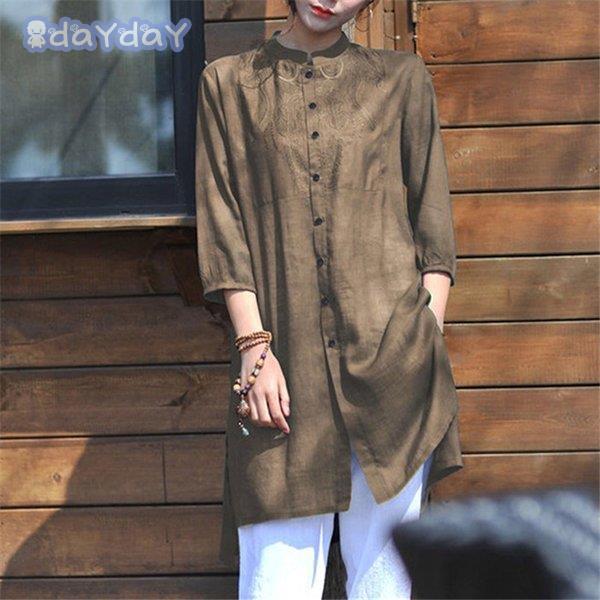 綿麻混ワンピース レディース 40代 夏 春 ス ロングシャツ チュニック ゆったり シャツワンピース 7分袖 リネンシャツ 大きいサイズ スリット | ブランド登録なし | 03
