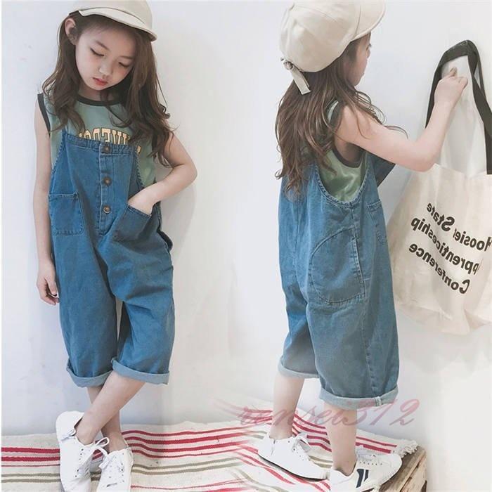 リバーシブル オールインワン 女の子 デニムパンツ 子供パンツ ロングパンツ ポケット付き ワイドパンツ | ブランド登録なし