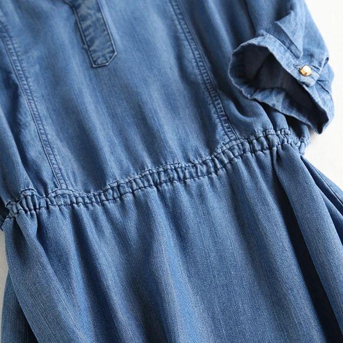スーパーストレッチ デニムシャツ ロング デニムブラウス デニム ブラウス ワンピース 夏 半袖 膝丈 きれいめ ブラウス スタンドカラー シャツ | ブランド登録なし | 15