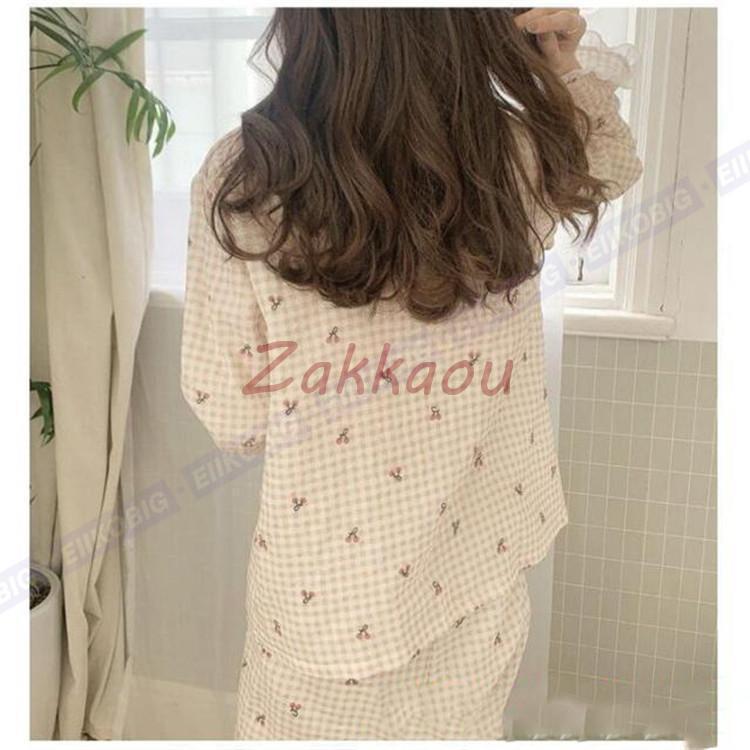 パジャマ レディース 長袖 前開き 部屋着 ルームウェア さくらんぼ チェック柄 セットアップ リラックスウェア 寝巻き 家着 春秋 冬 外出 可愛い | ブランド登録なし | 05