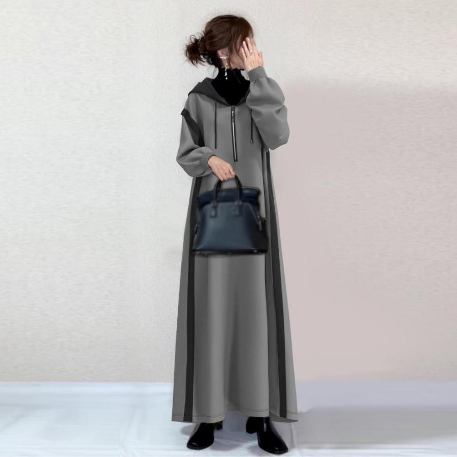 ワンピース レディース 秋冬 春秋用 配色 パッチワーク フード付き カジュアルワンピース サイドスリット 切り替え 体型カバー 50代 40代 | ブランド登録なし | 03