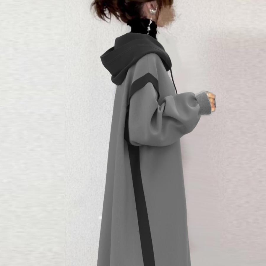 ワンピース レディース 秋冬 春秋用 配色 パッチワーク フード付き カジュアルワンピース サイドスリット 切り替え 体型カバー 50代 40代 | ブランド登録なし | 07