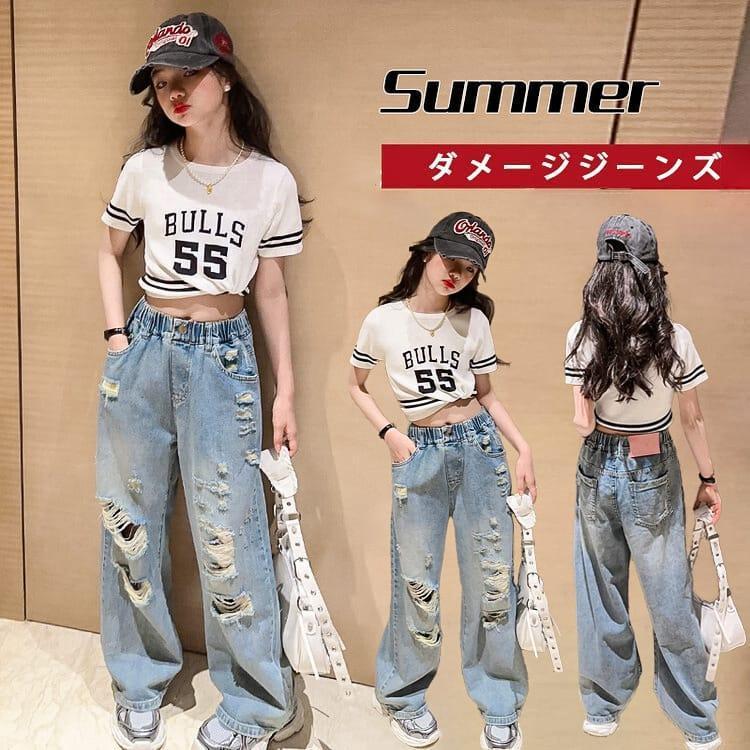 キッズ デニム パンツ 子供服 ジーンズ キッズ 女の子 韓国 ダメージ パンツ ジーパン ストリート ロングパンツ 小学生 中学生 ダンスパンツ | ブランド登録なし