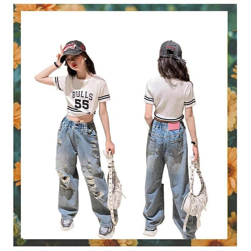 キッズ デニム パンツ 子供服 ジーンズ キッズ 女の子 韓国 ダメージ パンツ ジーパン ストリート ロングパンツ 小学生 中学生 ダンスパンツ | ブランド登録なし | 01