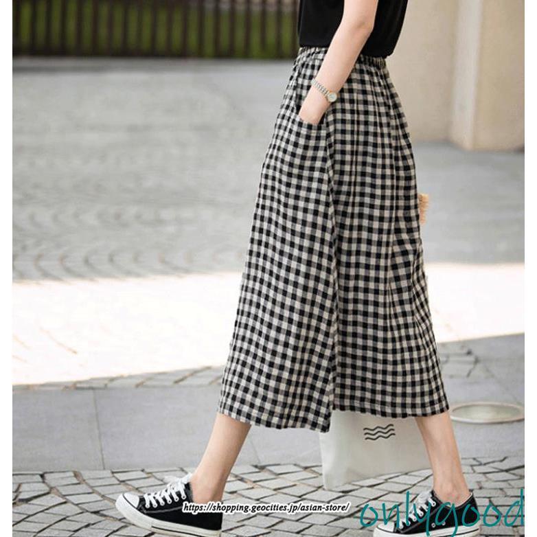 スカート レディース Aライン 綿麻 チェック柄 春 夏 薄手 ロング 着痩せ 涼しい ウエストゴム 女性 清楚 快適 20代30代40代50代 ポケット キレイめ カジュアル | ブランド登録なし | 04