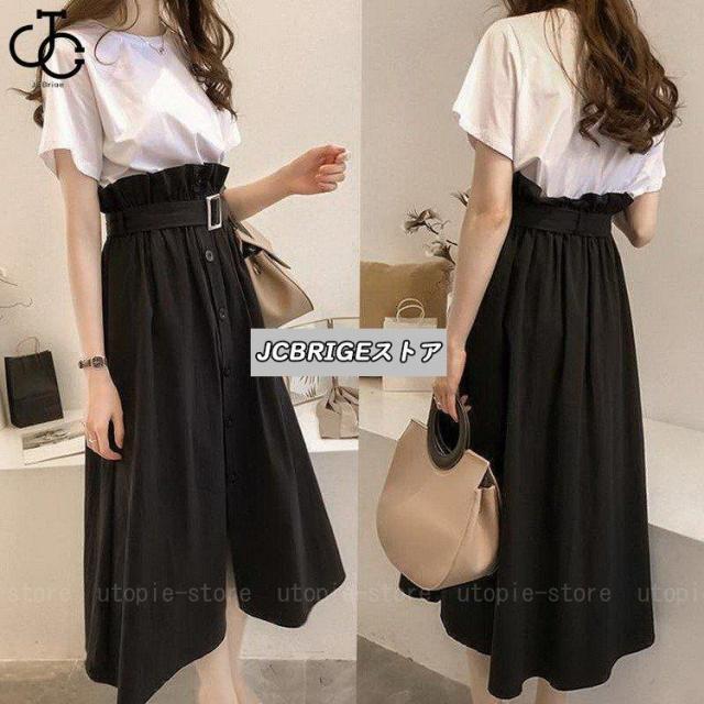 セットアップ レディース 夏 40代 ロング丈 半袖 Tシャツワンピース 上下セット 韓国風 セットアップ　ワンピース 新作 キレイめ 着痩せ | ブランド登録なし | 01