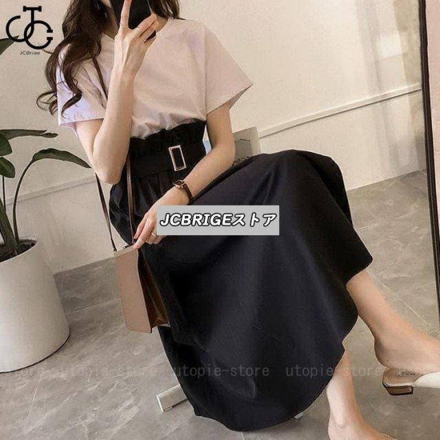 セットアップ レディース 夏 40代 ロング丈 半袖 Tシャツワンピース 上下セット 韓国風 セットアップ　ワンピース 新作 キレイめ 着痩せ | ブランド登録なし | 02