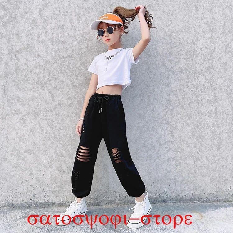 白 tシャツ 韓国 キッズ ダンスウェア 女の子 ショート丈 tシャツ へそ出し ス 白 ハーフ 黒 パンツ ダメージ加工 | ブランド登録なし | 03