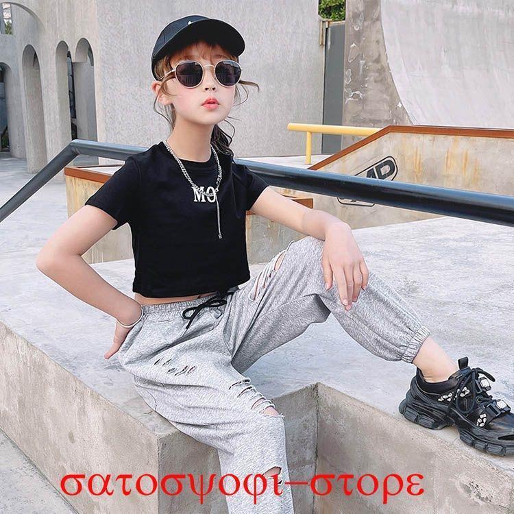 白 tシャツ 韓国 キッズ ダンスウェア 女の子 ショート丈 tシャツ へそ出し ス 白 ハーフ 黒 パンツ ダメージ加工 | ブランド登録なし | 06