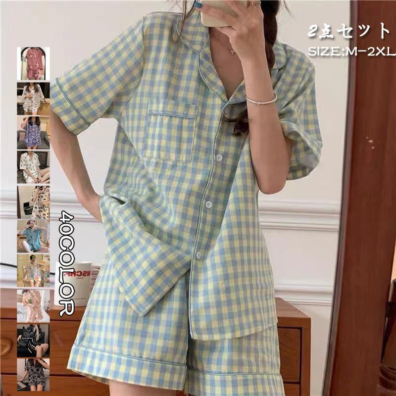 パジャマ レディース 春 夏 秋 半袖 半ズボン ルームウェア 上下セット シャツパジャマ プリント 女性 セットアップ 前開き トレンド 部屋着 | ブランド登録なし