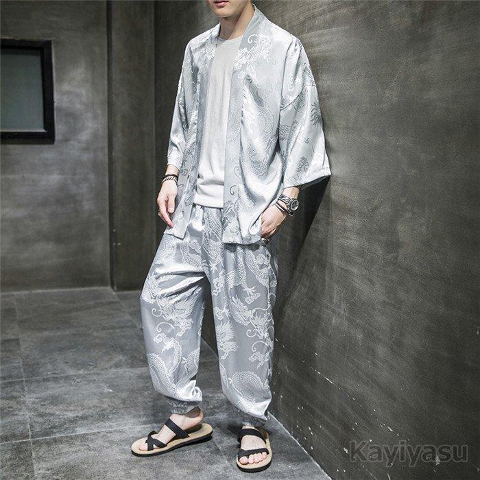 作務衣 甚平 羽織 メンズ 龍柄 夏 セットアップ 5分袖ス ロングパンツ 夏服 和風 オシャレ かっこいい 祭り ゆったり 半被半纏 | ブランド登録なし | 04
