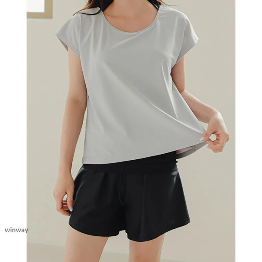 水着 レディース 体型カバー 上下セット ママ水着 セパレート Tシャツ パンツ 大きいサイズ 半袖 ラッシュガード 2点セット パッド付き バスト | ブランド登録なし | 01