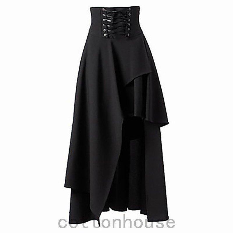 ゴシック レースレディース ロングスカート 黒 ひざ丈 コルセット ハイウエスト ゴスロリ パンク ブラック アンシンメトリー マキシ スカート | ブランド登録なし | 03