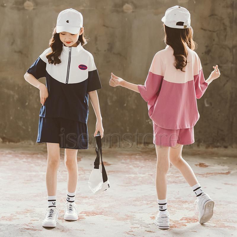 夏 新作 セットアップ ショートパンツ 半袖 パーカー ジップアップ 韓国子供服 女の子 ジュニア トレーナー 配色 ハーフパンツ 運動服 スポーツ | ブランド登録なし