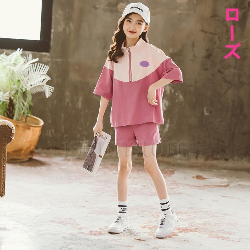 夏 新作 セットアップ ショートパンツ 半袖 パーカー ジップアップ 韓国子供服 女の子 ジュニア トレーナー 配色 ハーフパンツ 運動服 スポーツ | ブランド登録なし | 03