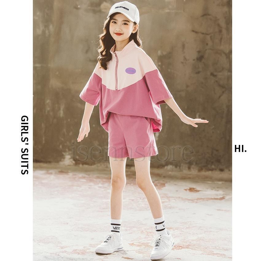 夏 新作 セットアップ ショートパンツ 半袖 パーカー ジップアップ 韓国子供服 女の子 ジュニア トレーナー 配色 ハーフパンツ 運動服 スポーツ | ブランド登録なし | 04