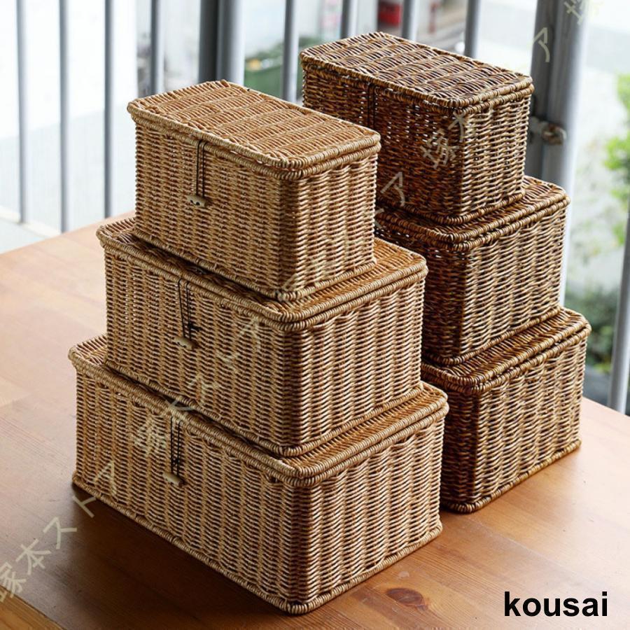 収納ボックス 蓋付き 収納ケース ラタンバスケット 小物入れ フタ付きバスケット 籐かご風 可愛い 収納かご 収納バスケット かご 小物入れ お菓子 | ブランド登録なし | 18