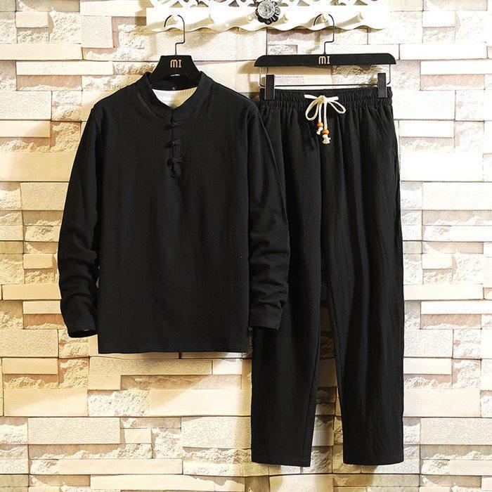 セットアップ メンズ 春秋 薄手 リネン 部屋着 ゆったり 上下セット ルームウェア 綿麻 長袖 Tシャツ ロングパンツ | ブランド登録なし | 01