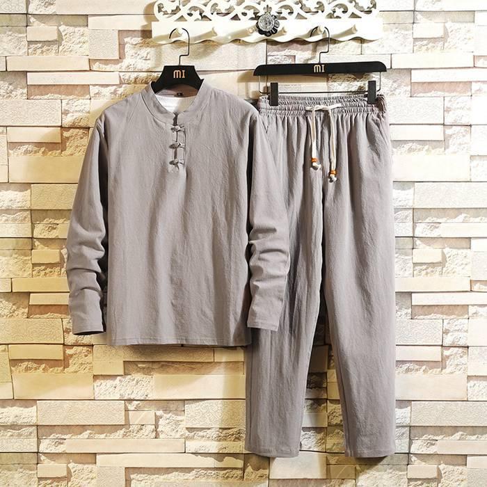 セットアップ メンズ 春秋 薄手 リネン 部屋着 ゆったり 上下セット ルームウェア 綿麻 長袖 Tシャツ ロングパンツ | ブランド登録なし | 02