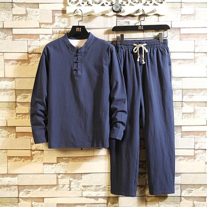 セットアップ メンズ 春秋 薄手 リネン 部屋着 ゆったり 上下セット ルームウェア 綿麻 長袖 Tシャツ ロングパンツ | ブランド登録なし | 04