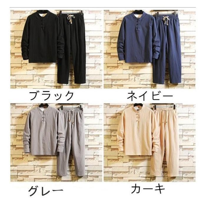 セットアップ メンズ 春秋 薄手 リネン 部屋着 ゆったり 上下セット ルームウェア 綿麻 長袖 Tシャツ ロングパンツ | ブランド登録なし | 05