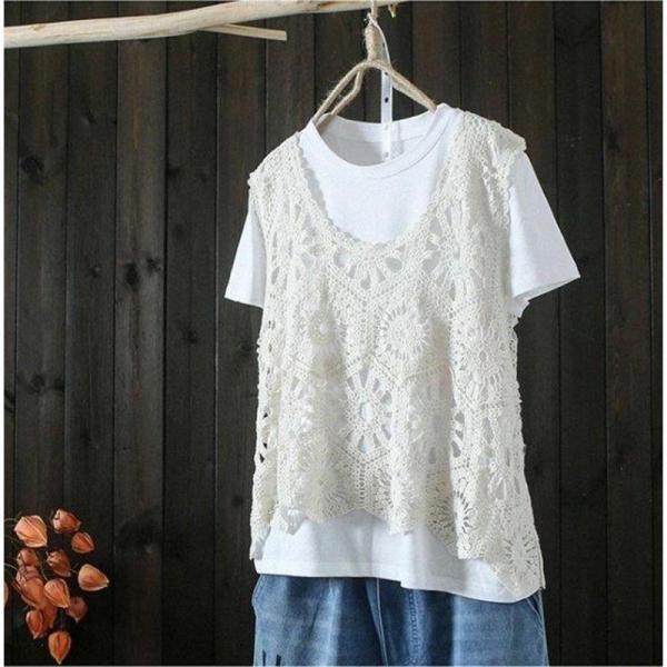 ニットベスト レディース 夏服 袖なし プルオーバー レース 重ね着 ノースリーブ 花柄レース タンクトップ トップス vネック 透かし編み 薄手 | ブランド登録なし | 06