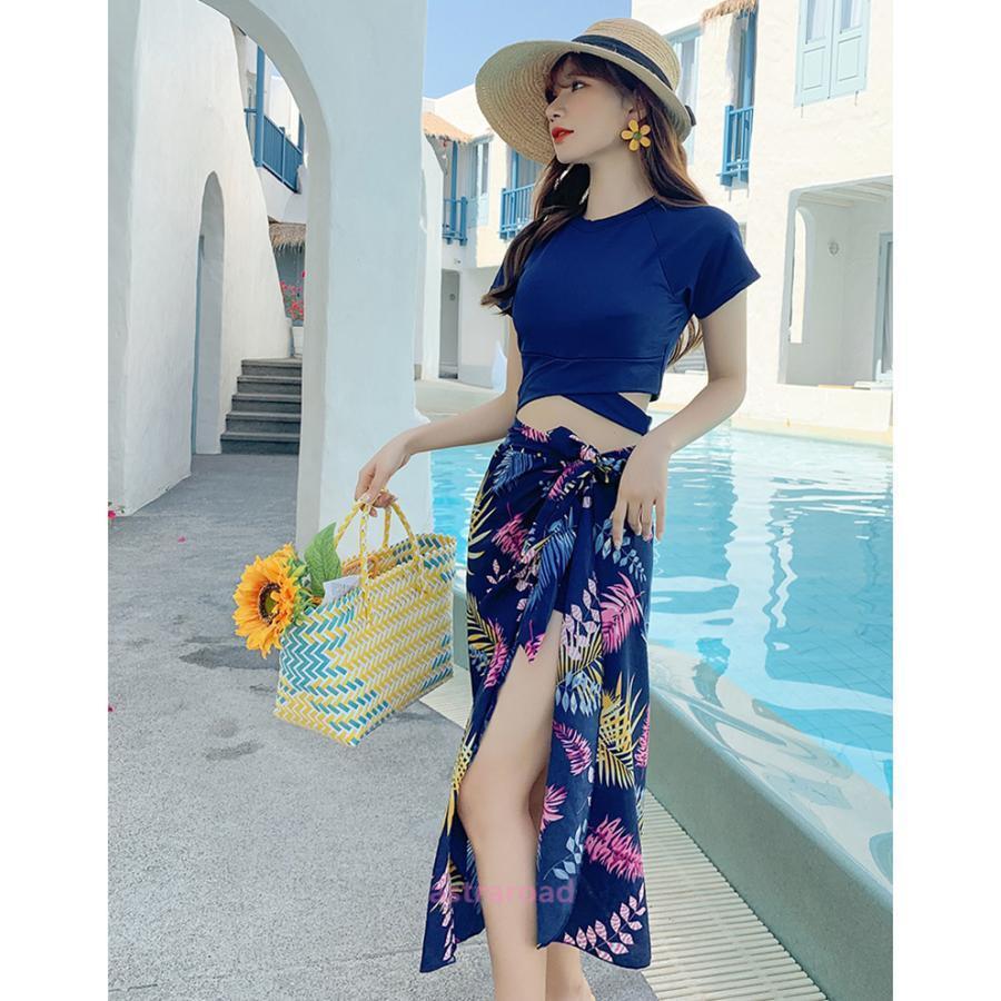 水着 タンキニ パレオ 3点セット レディース スイムウェア セパレート 短パン Tシャツ型 半袖 リーフ柄 ショートパンツ ボーイレッグ ロングスカ | ブランド登録なし | 01