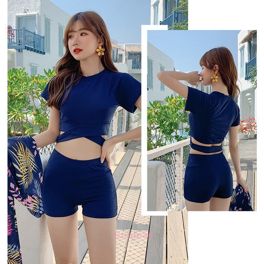 水着 タンキニ パレオ 3点セット レディース スイムウェア セパレート 短パン Tシャツ型 半袖 リーフ柄 ショートパンツ ボーイレッグ ロングスカ | ブランド登録なし | 02