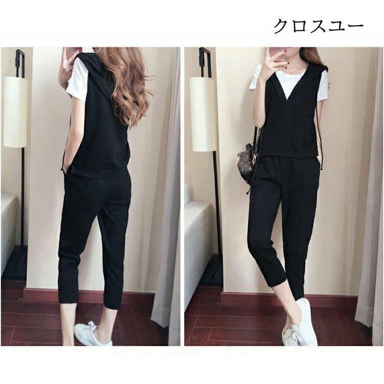 セットアップ 夏 レディース パンツ フォーマル 入学式 卒業式 パーカー テーパードパンツ 3点セット 上下セット ベスト Tシャツ コーデ | ブランド登録なし | 07