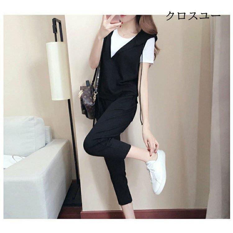 セットアップ 夏 レディース パンツ フォーマル 入学式 卒業式 パーカー テーパードパンツ 3点セット 上下セット ベスト Tシャツ コーデ | ブランド登録なし | 08