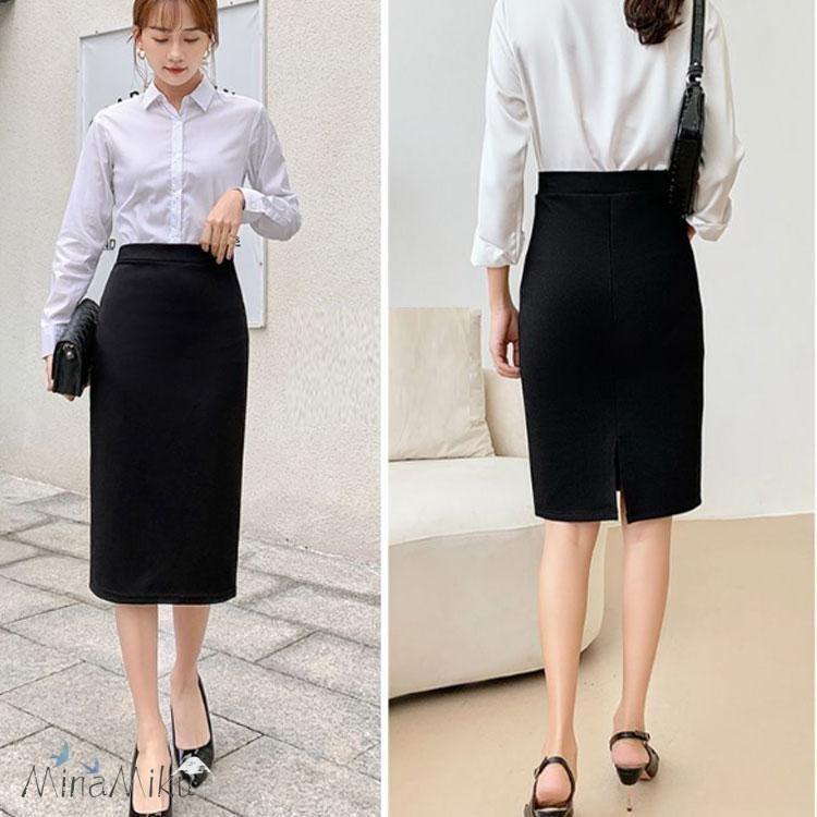 ウエストゴム タイトスカート 選べる着丈 膝丈 事務服 スカート オフィス 制服 ユニフォーム レディース ストレッチ 企業 大きいサイズ 黒 スーツ | ブランド登録なし | 04