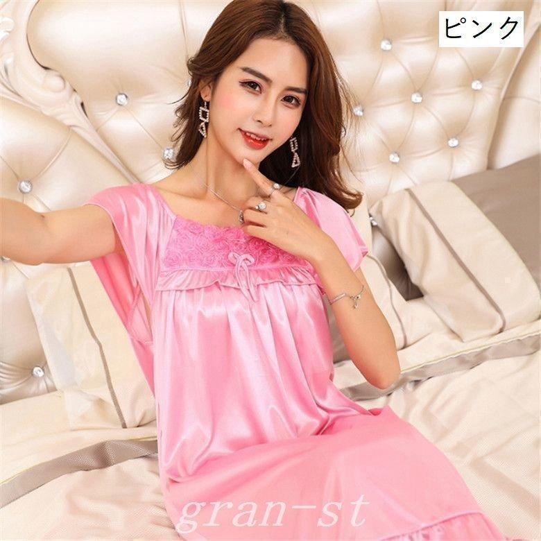 ネグリジェレディース女性用ルームウェアワンピース半袖ロング丈膝下丈スクエアネックリボンフリル花フラワー無地ピンクブルー | ブランド登録なし | 15