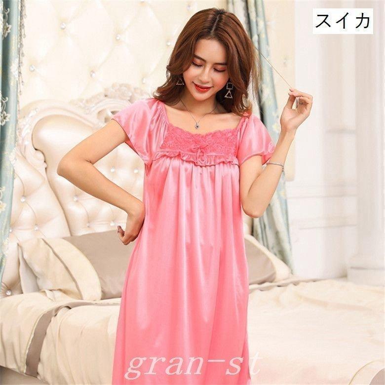 ネグリジェレディース女性用ルームウェアワンピース半袖ロング丈膝下丈スクエアネックリボンフリル花フラワー無地ピンクブルー | ブランド登録なし | 18