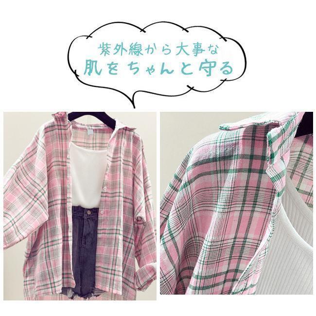 長袖シャツ チェック柄 レディース 春夏 薄手 uvカット ゆったり おしゃれ 日焼け防止グッズ オフィス 冷房対策 紫外線対策 羽織もの 服 | ブランド登録なし | 03