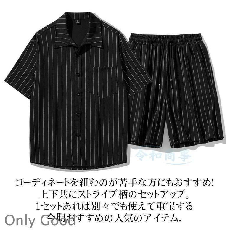 セットアップ メンズ 接触冷感 ストライプ柄 ジャージ上下 夏 ノーアイロン 上下セット 大きいサイズ 半袖シャツ ハーフパンツ | ブランド登録なし | 03