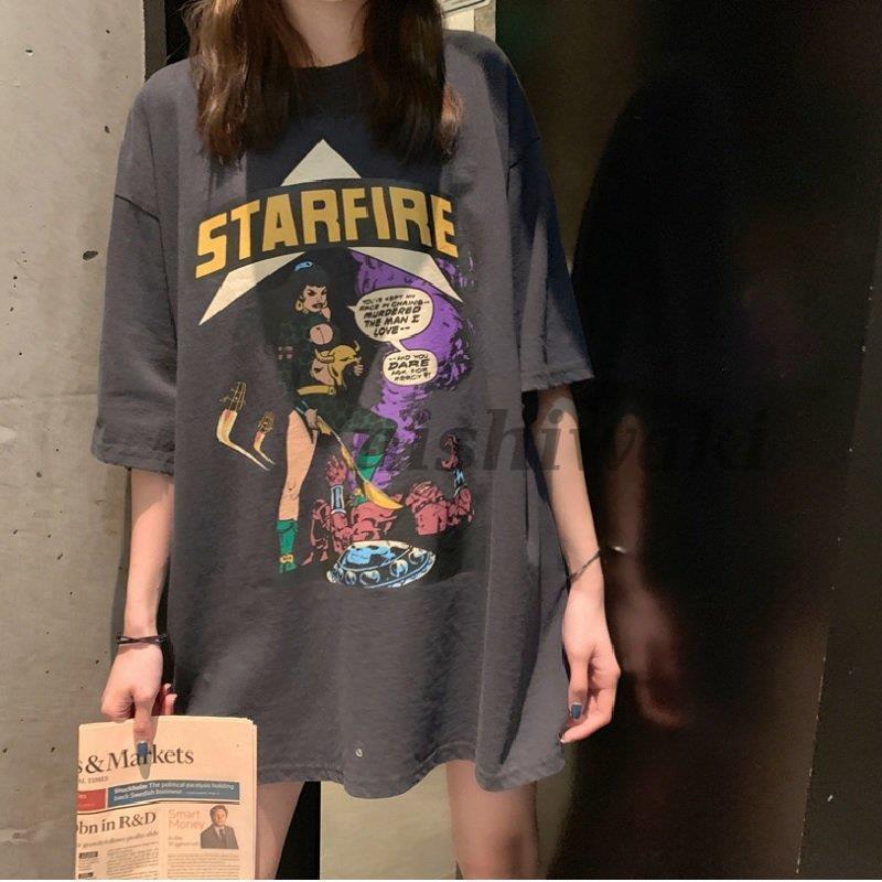 レディース Tシャツワンピース ビックTシャツ オーバーサイズアメコミ ビンテージ プリント 半袖 5分丈 かわいい おしゃれ アメカジ | ブランド登録なし