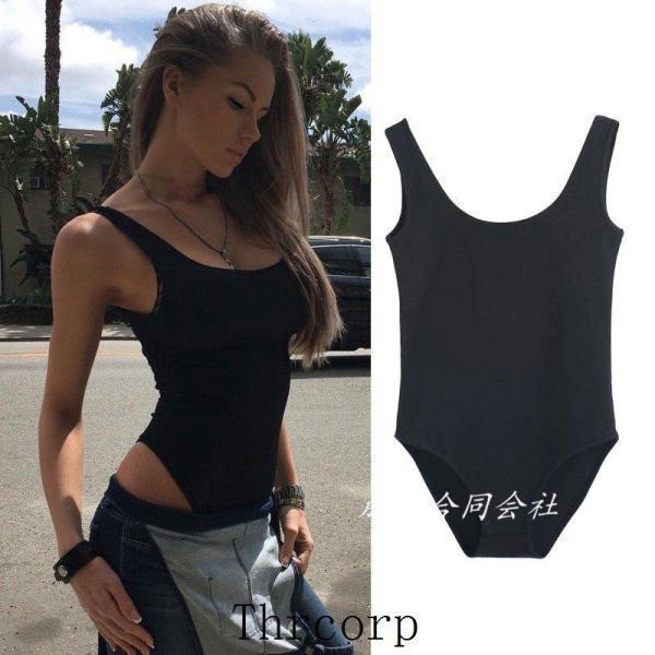 伸縮素材 レオタード ボディスーツ インナー 下着 レディース ノースリーブ カットソー Tシャツ タンク 無地 ボディブリファー タイト スリム | ブランド登録なし | 02