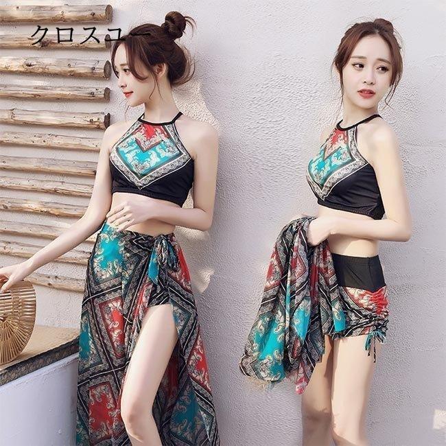 タンキニ レディース ビキニ 水着 ３点セット スイムウェア エスニック柄 パレオ 水泳服 ワイヤー無し ホルターネック ビーチウェア | ブランド登録なし